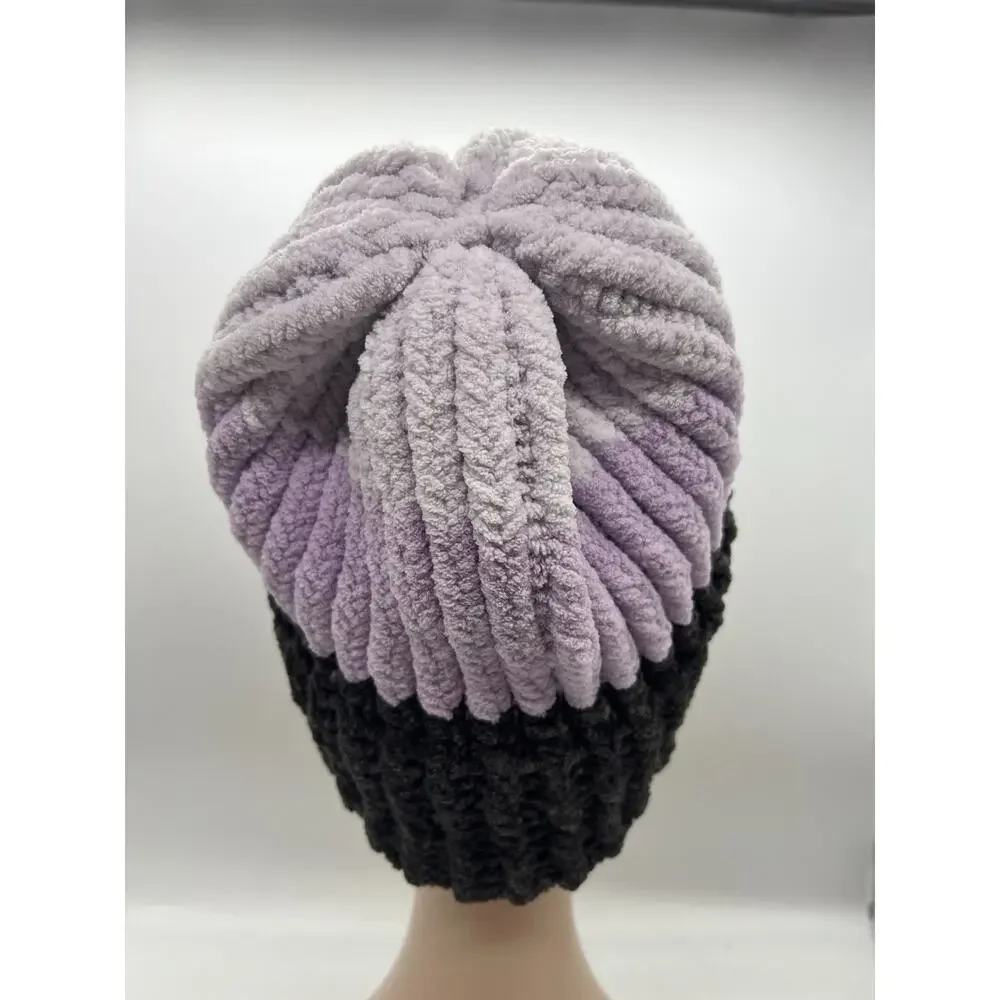 Chunky Chenille Knit Bohemian Embroidered Logo Ski Cap Beanie Hat Purple Large - Picture 4 of 7